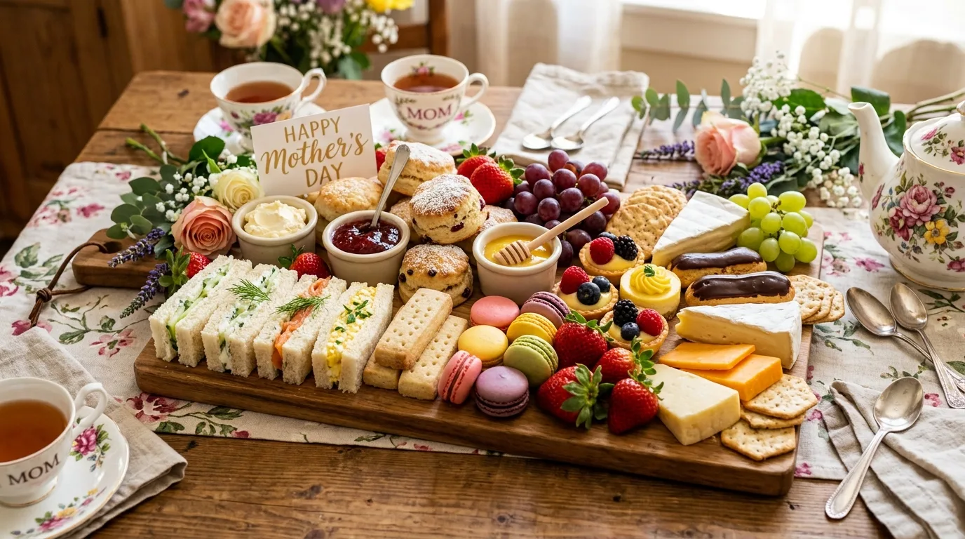 Mother’s Day breakfast charcuterie board with pancakes, waffles, fruit, and pastries