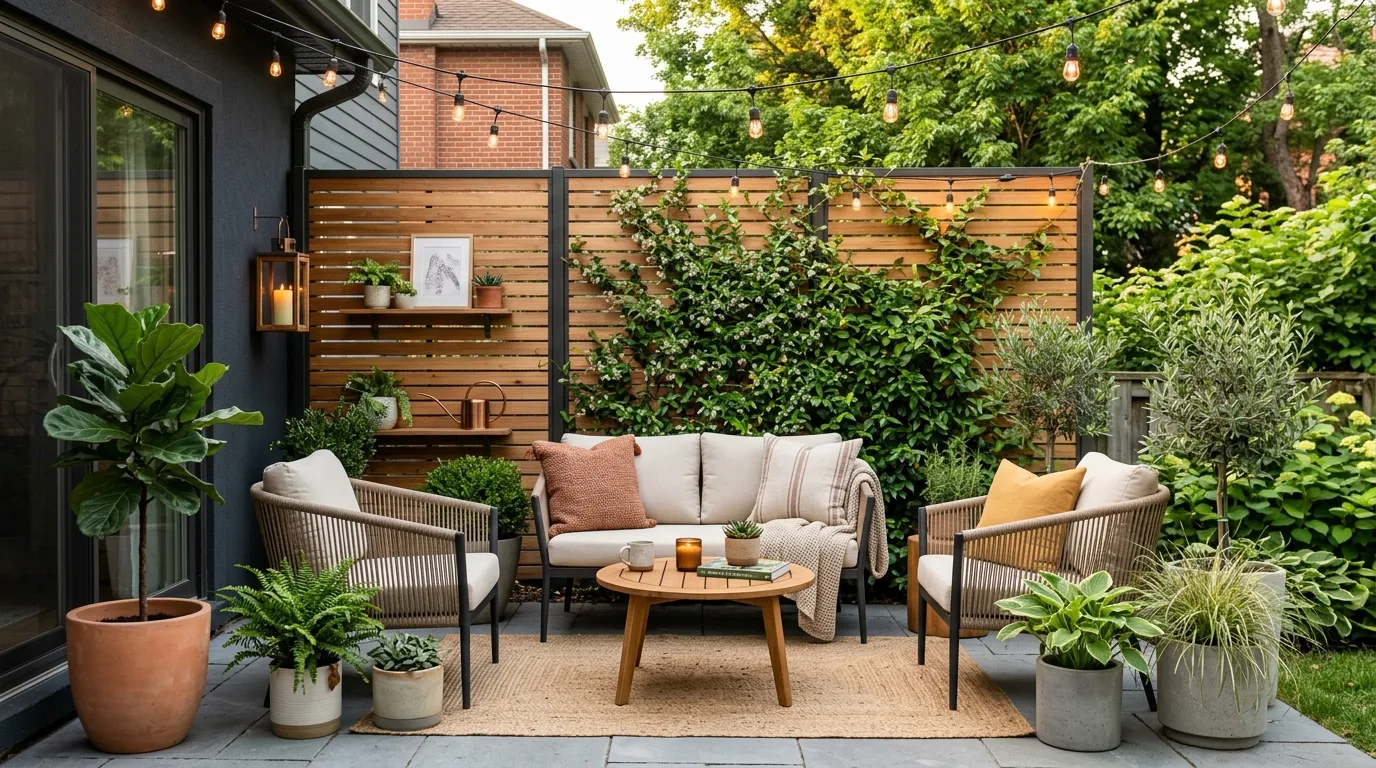 Small backyard patio with vertical garden wall, hanging planters, herbs, flowers, and compact seating