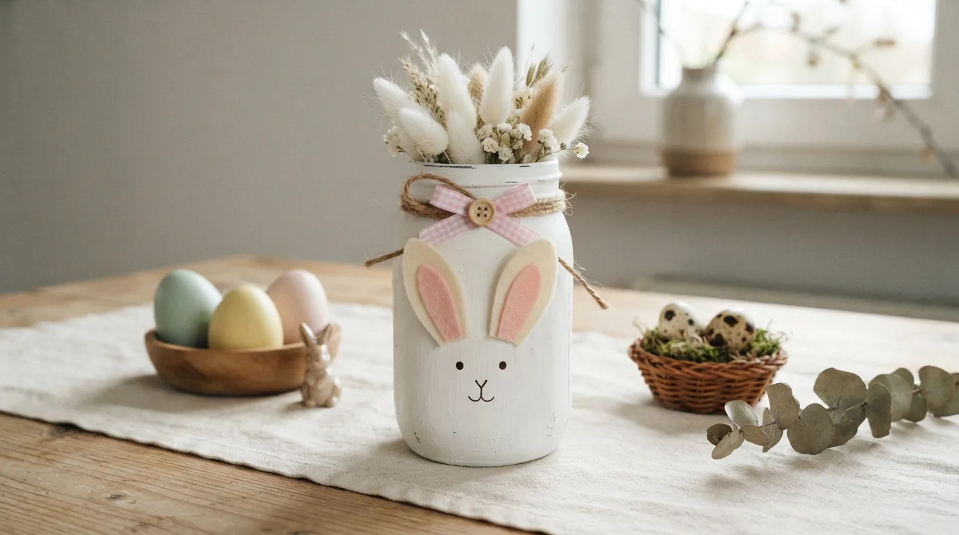 Easter egg decorated Mason jar vase filled with spring flowers