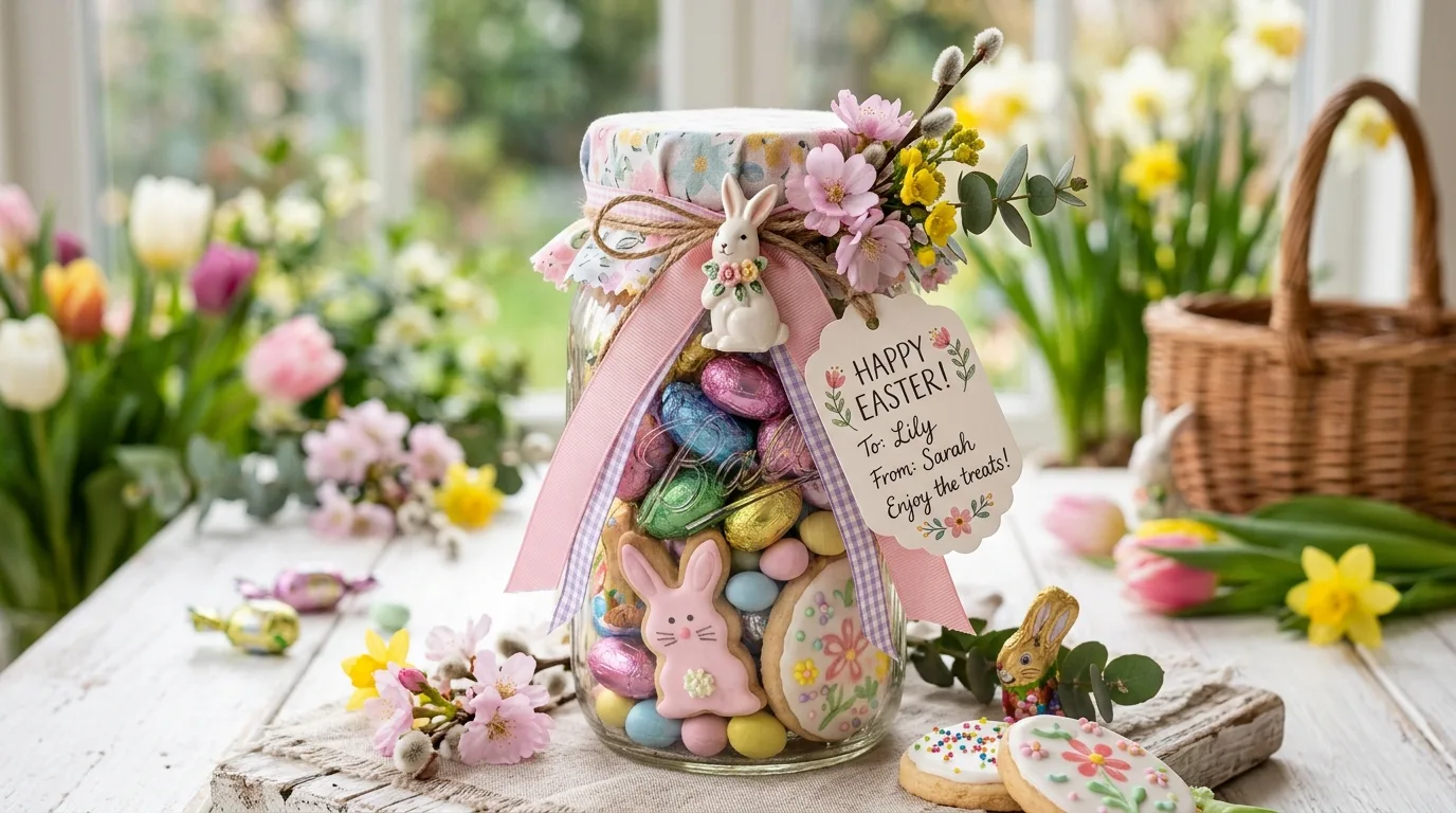Easter bunny candy mason jar filled with colorful treats and decorated with pastel details.