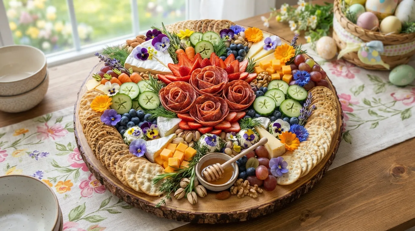 Pastel Easter dessert charcuterie board with sweets and chocolate eggs