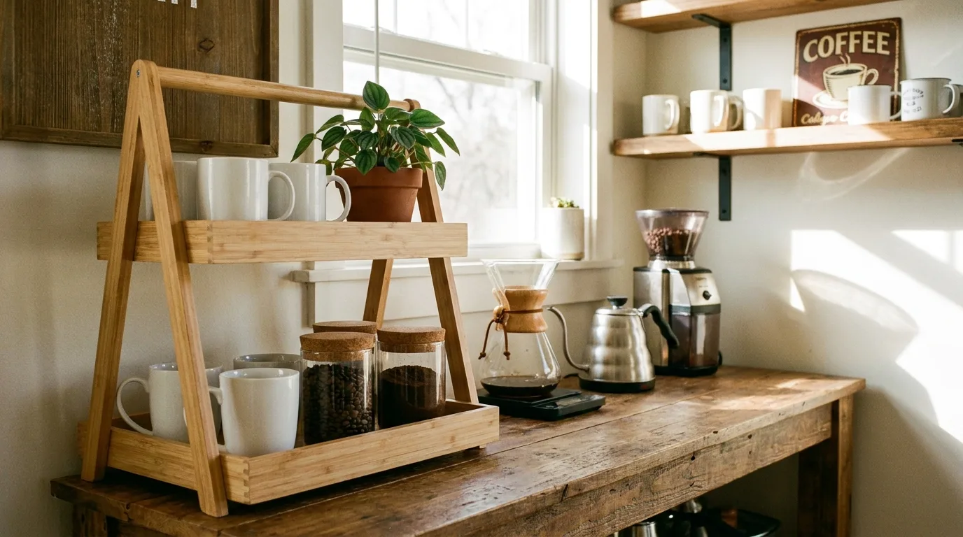 Minimalist black-and-white tiered tray coffee bar designed for a small kitchen counter