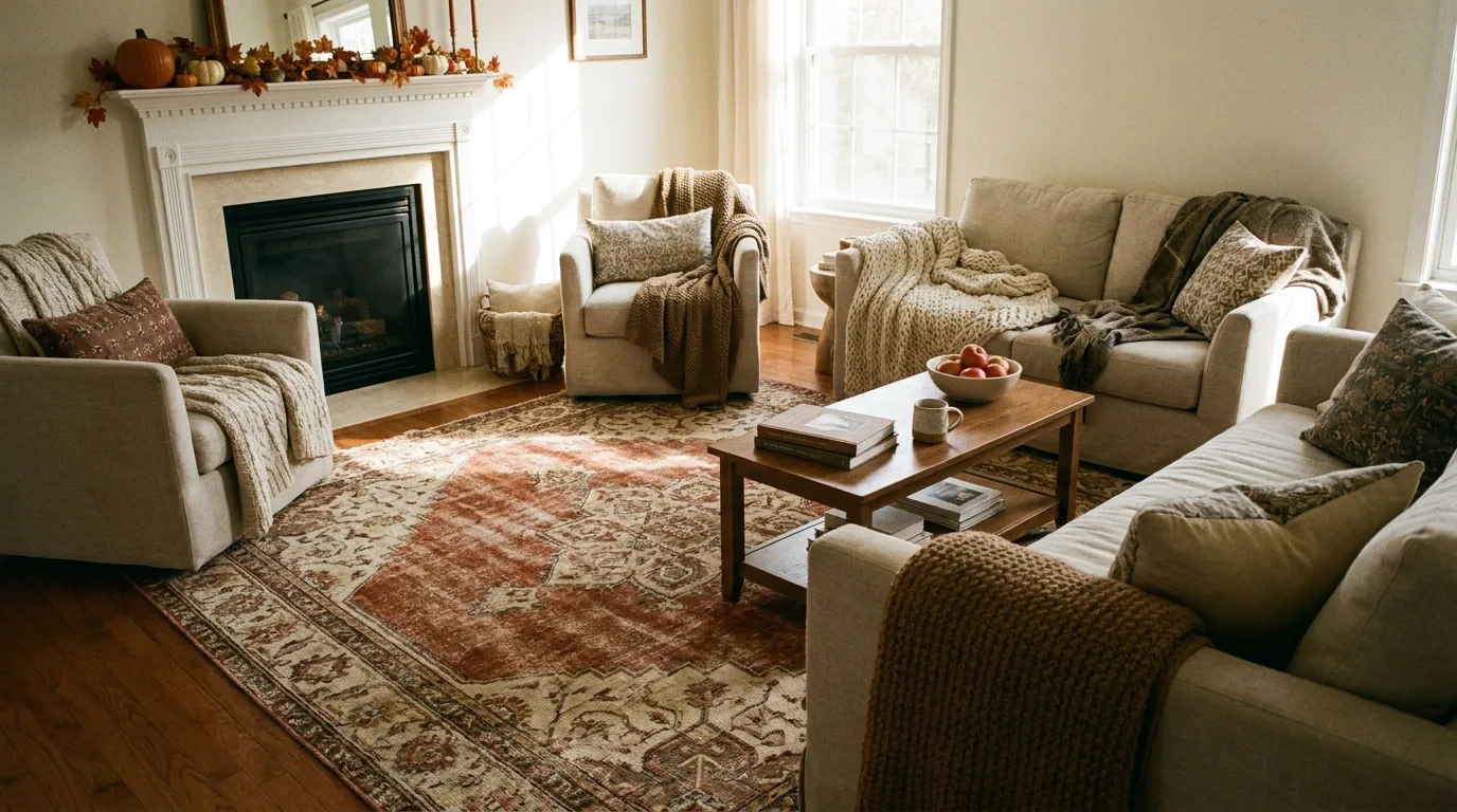 Sophisticated fall pumpkin display in cream, sage, terracotta, and muted orange