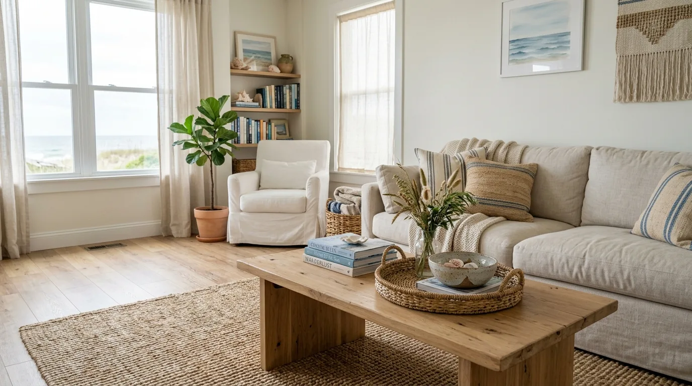 Coastal living room with pale wood furniture and relaxed natural textures