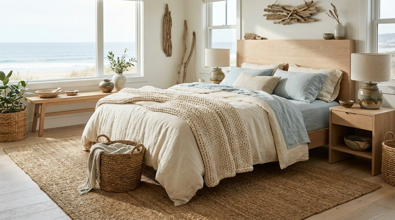 Coastal bedroom with weathered pale wood furniture and soft neutral bedding