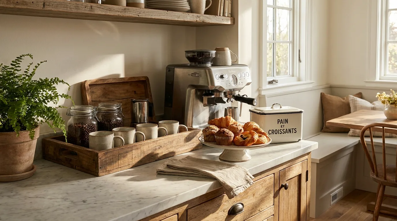 Kitchen coffee station with floating shelves, mugs, coffee containers, and a modern coffee maker