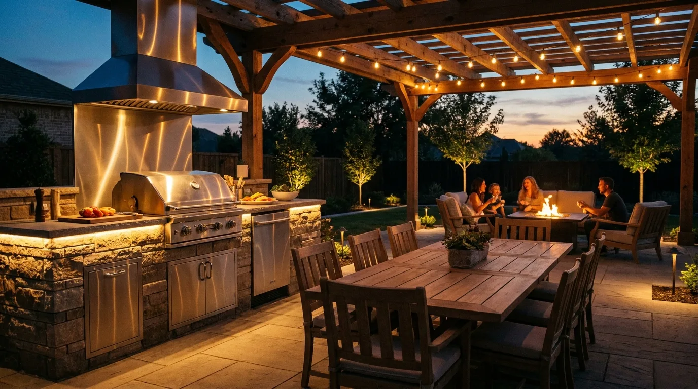 L-shaped outdoor kitchen with grill, sink, preparation counter, and seating