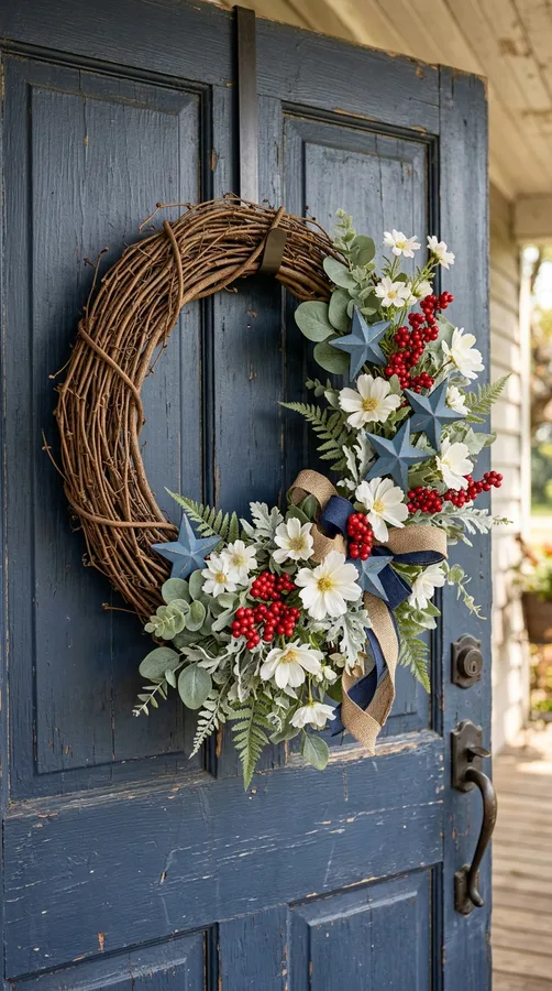 Layered paper starburst wreath in patriotic colors
