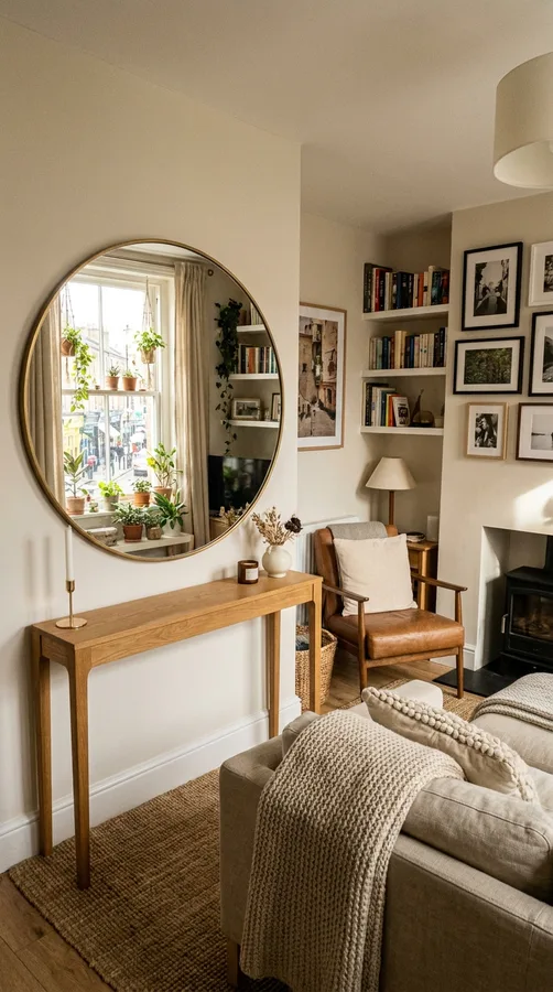 Large neutral area rug anchoring a cozy apartment seating area