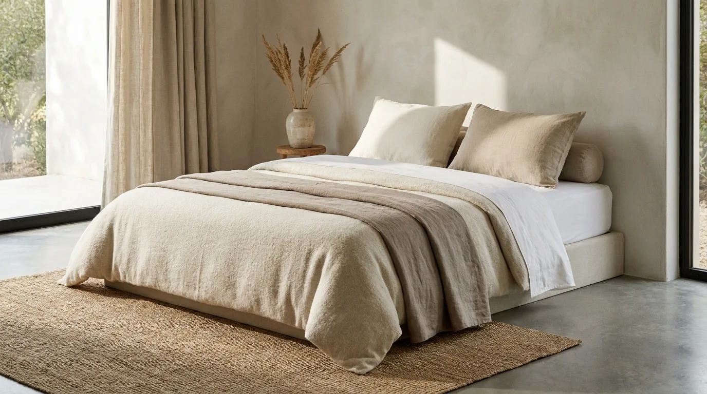 Minimalist bedroom with warm oak furniture, cream textiles, and a clean neutral palette