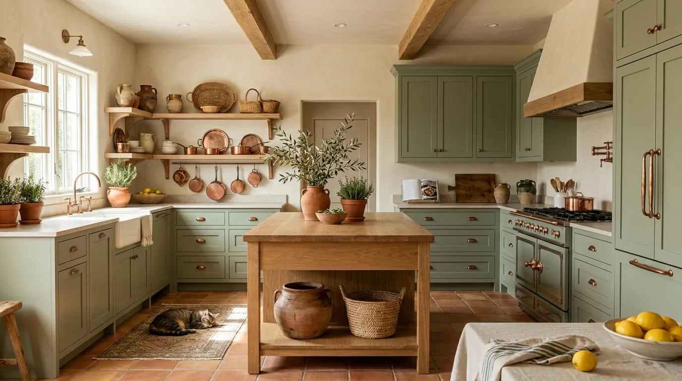 Airy sage green and warm white kitchen with natural wood accents