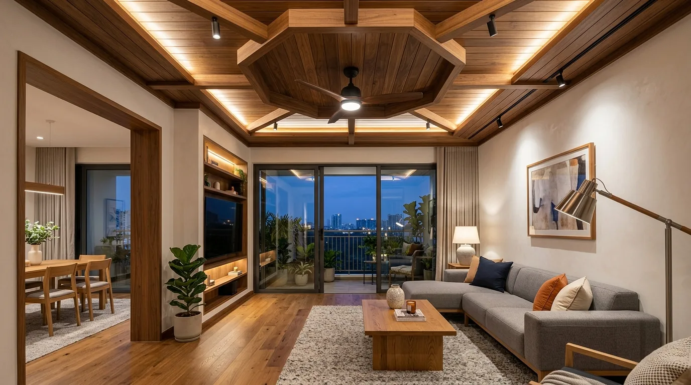 Wooden coffered false ceiling with recessed rectangular sections