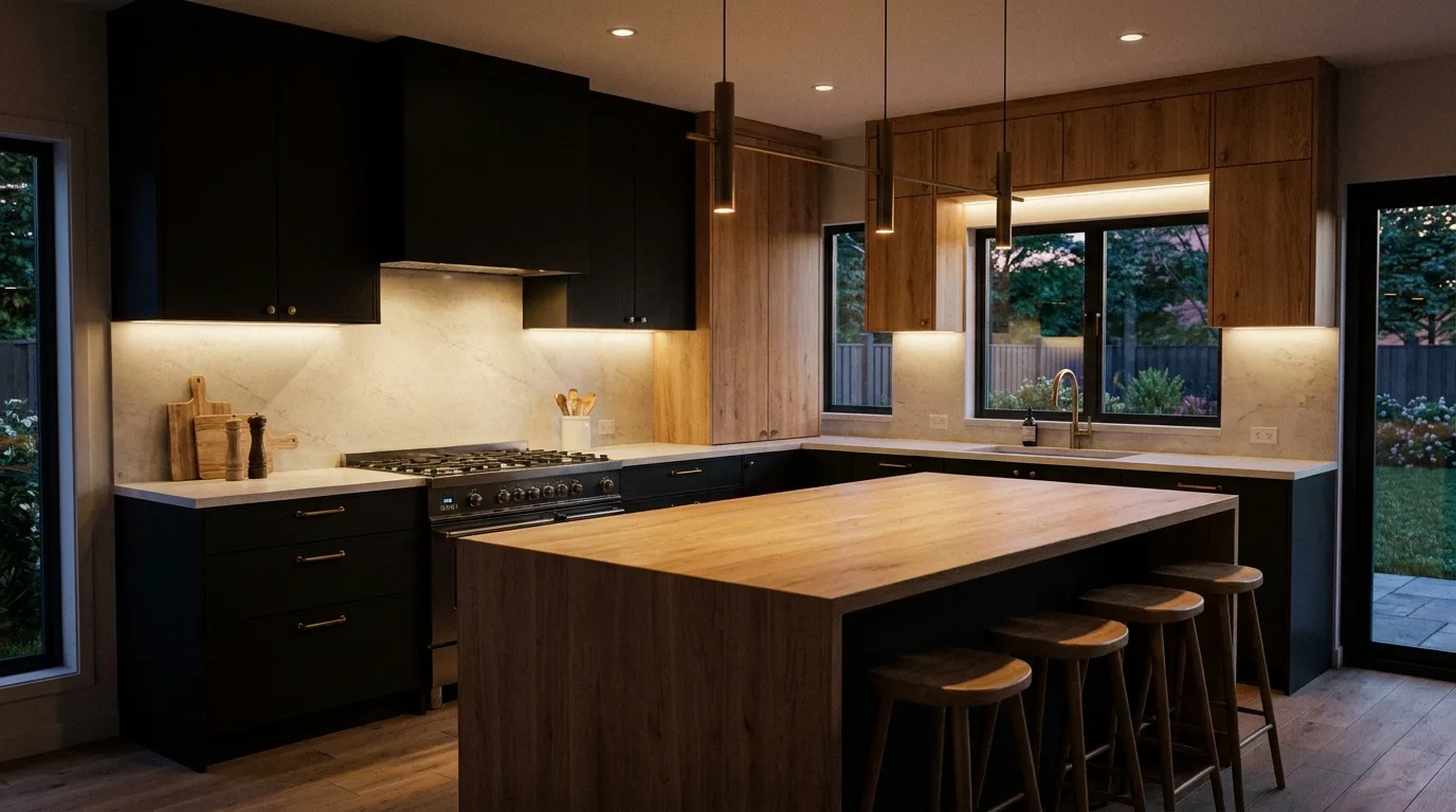 Charcoal grey and light oak kitchen cabinets