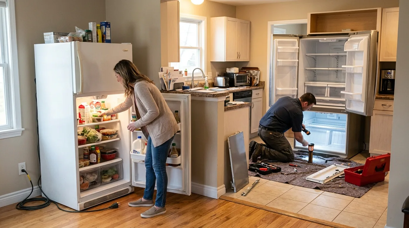 Technician servicing a refrigerator in a clean home kitchen