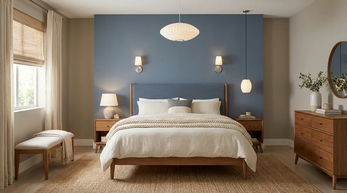 Modern bedroom with teal blue and soft gray walls and streamlined contemporary furniture.