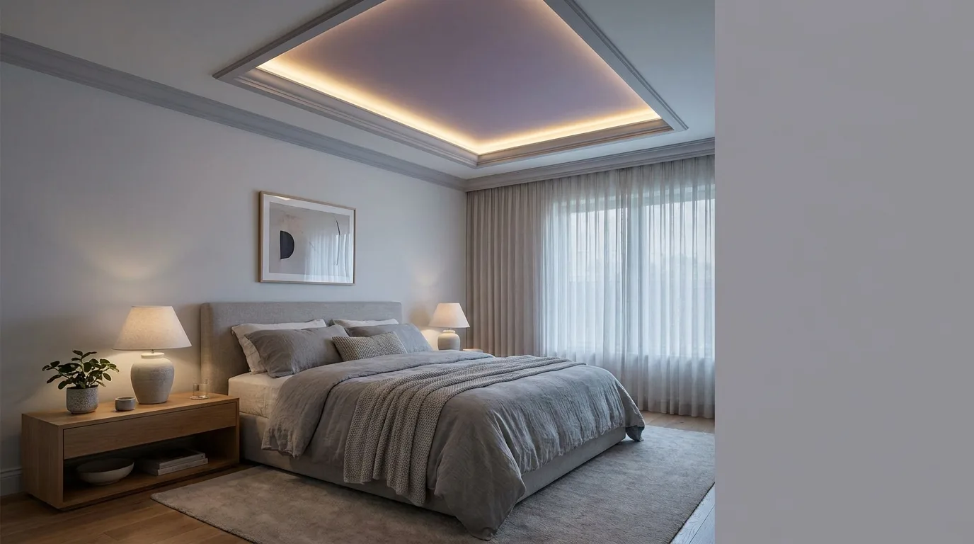 Soft sage green and white POP ceiling in a serene bedroom