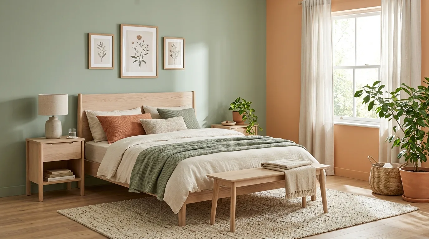 Cozy earthy bedroom with terracotta orange and beige walls