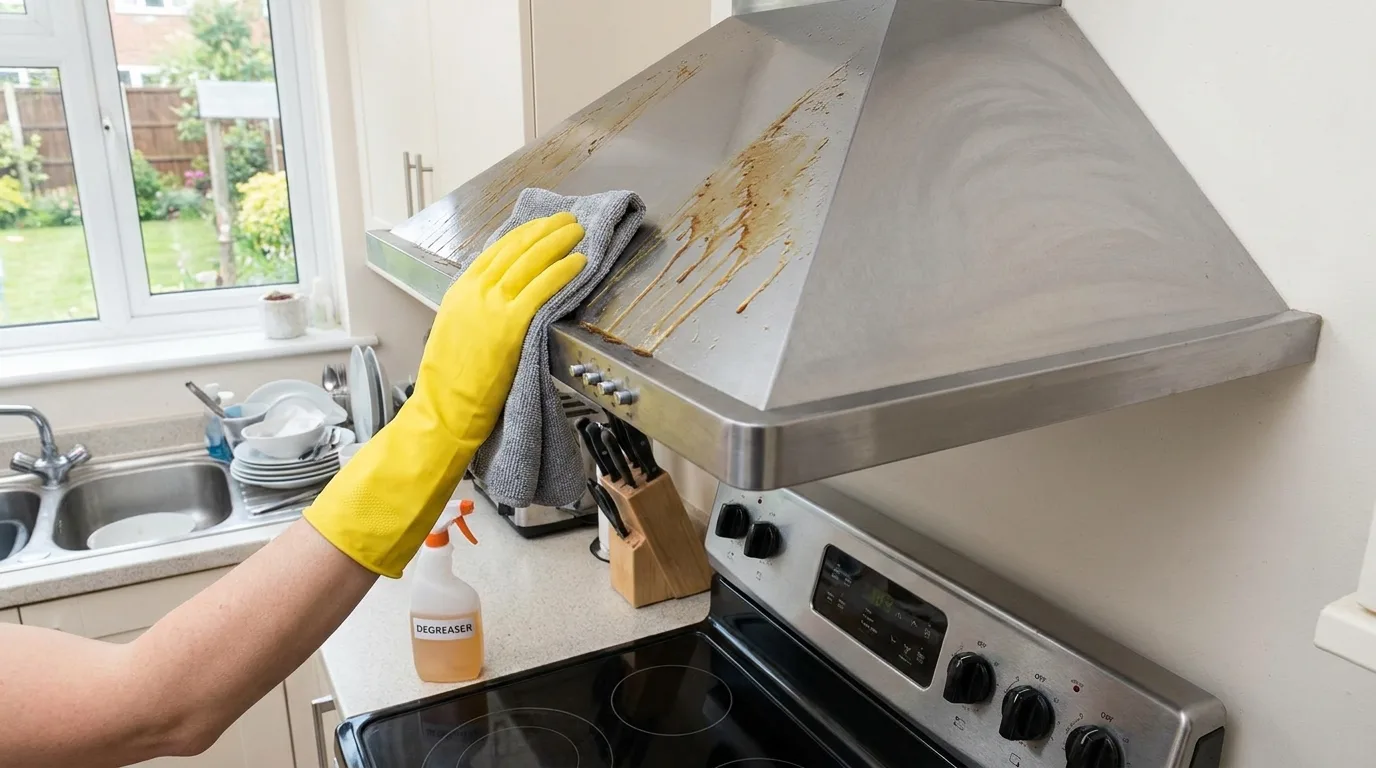 Letting a cleaning solution loosen stubborn kitchen grease