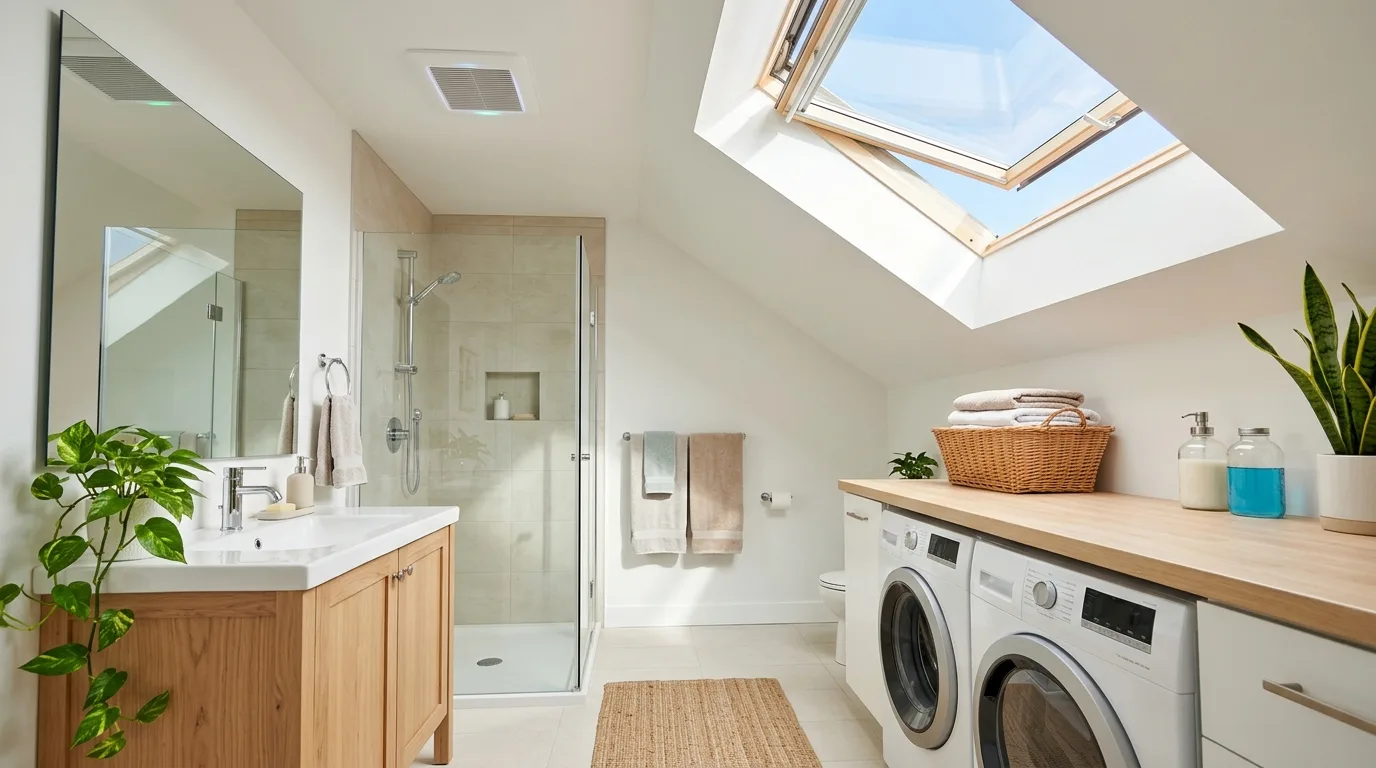 Bathroom with an open skylight helping release shower humidity