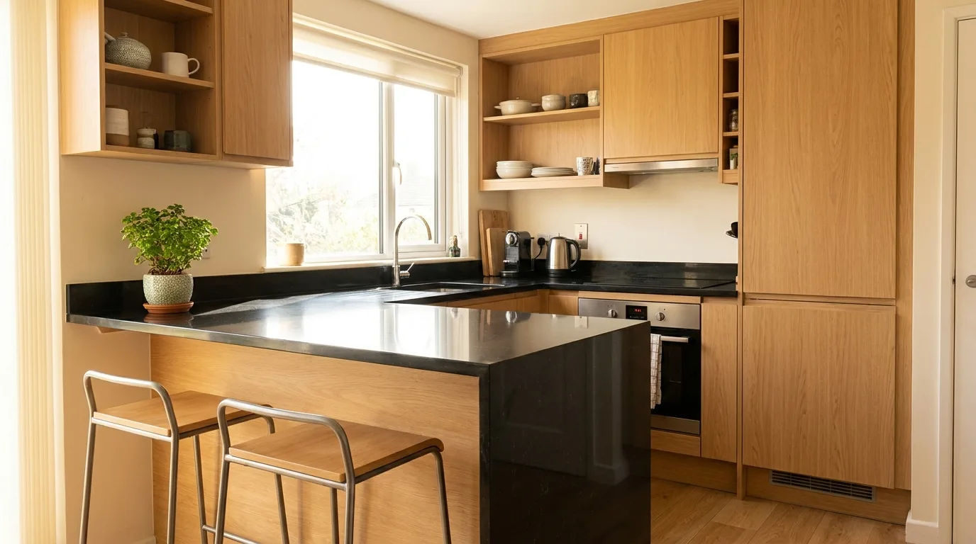 Warm wood cabinets with black quartz kitchen countertops