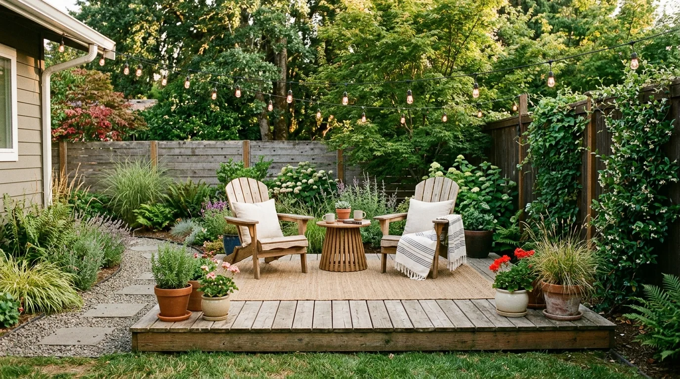 Budget-friendly backyard deck with a simple pergola and outdoor seating