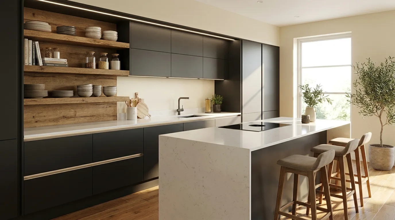 Two-tone aluminium kitchen cabinets in light and dark finishes