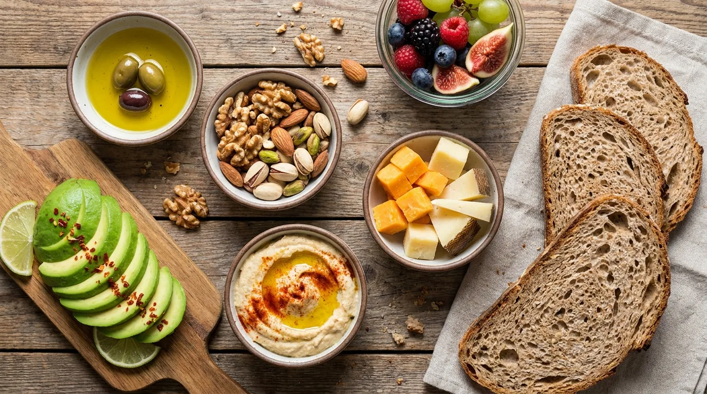 Balanced Mediterranean meal with fish, beans, greens, and grains