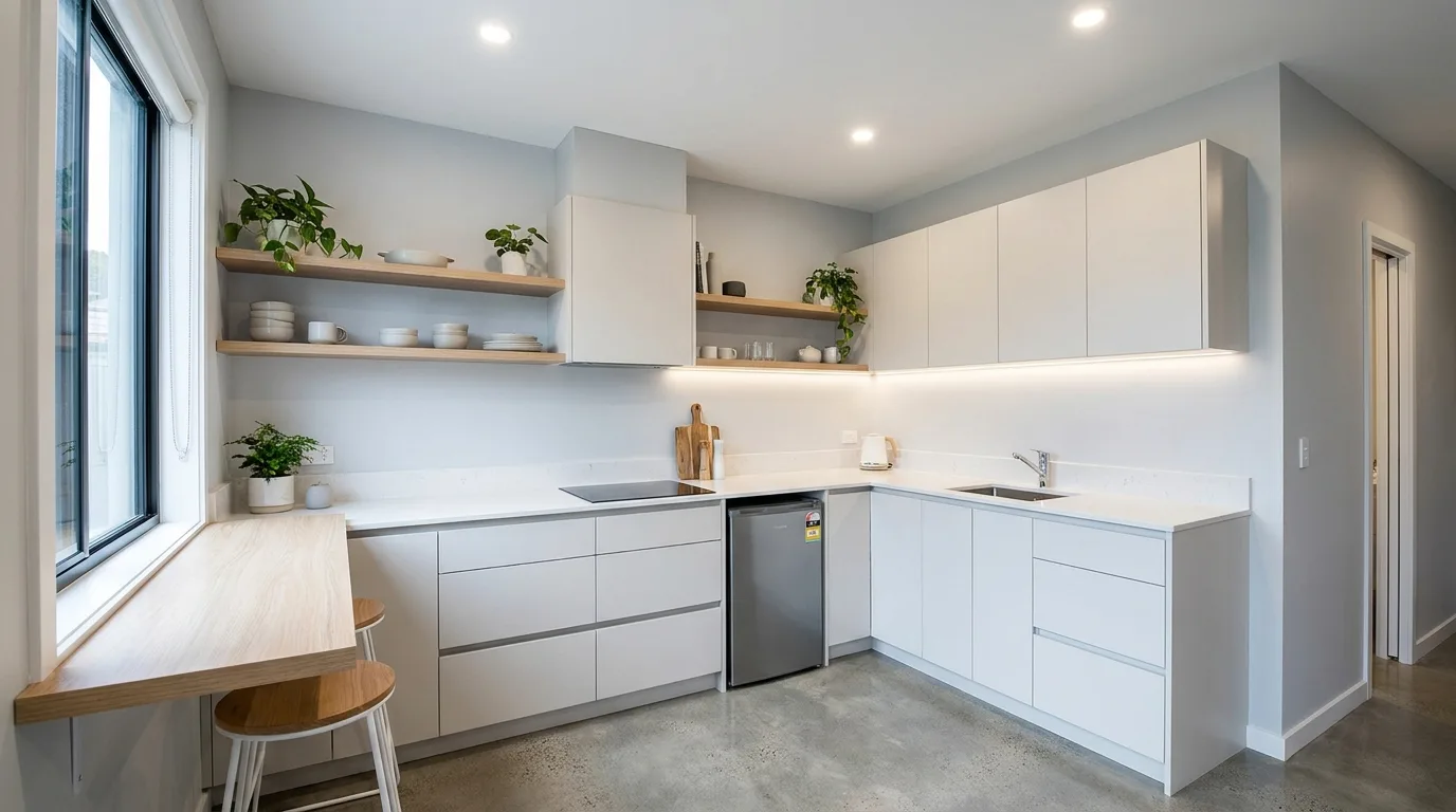 Warm kitchen with a creamy beige stone slab and wood cabinetry
