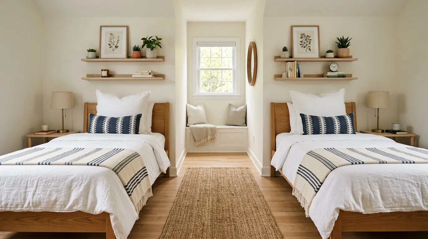 Small bedroom with two perpendicular twin beds and coordinated decor