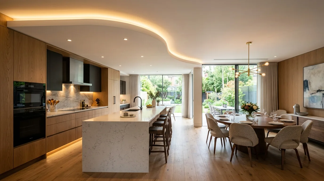 Warm kitchen with a wood-accent false ceiling and pendant lights