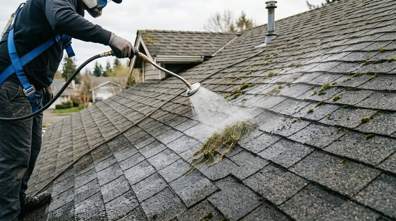 Properly sealed roof flashing around a chimney and roof vent.