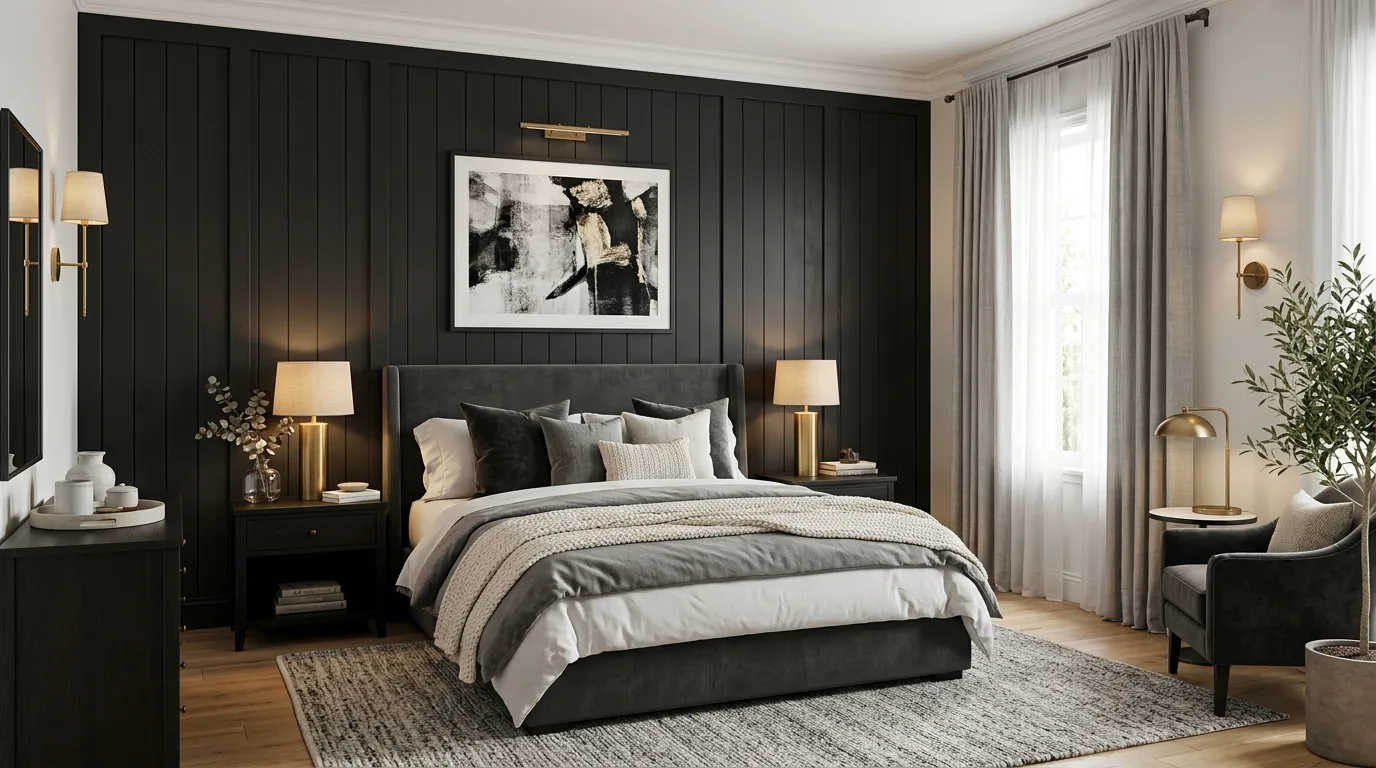 Black fireplace feature wall in an elegant living room