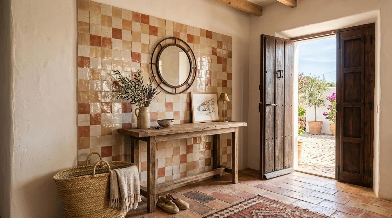 Kitchen island featuring a glossy cream zellige tile facade and marble countertop