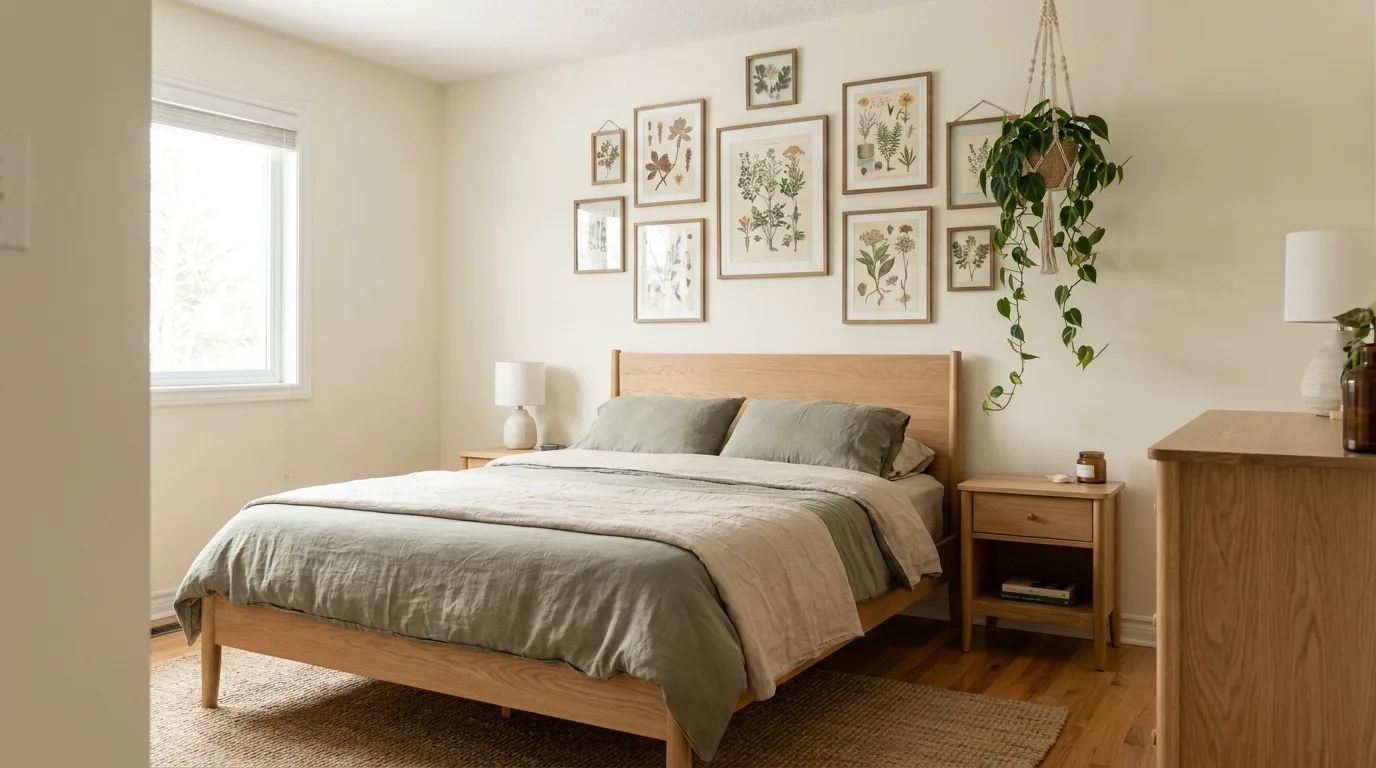 Bedroom featuring oversized abstract artwork above the bed
