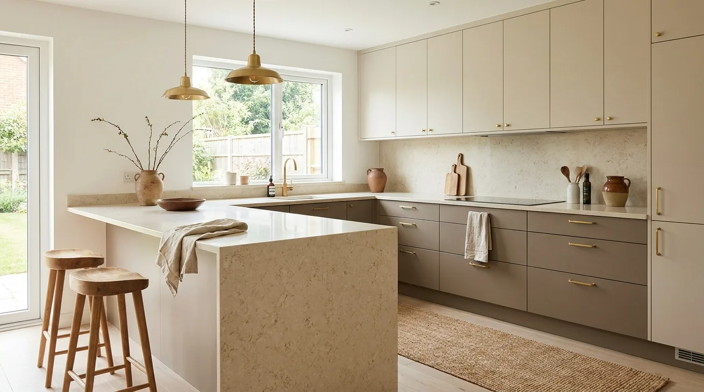 Sage green and cream two-tone kitchen cabinets