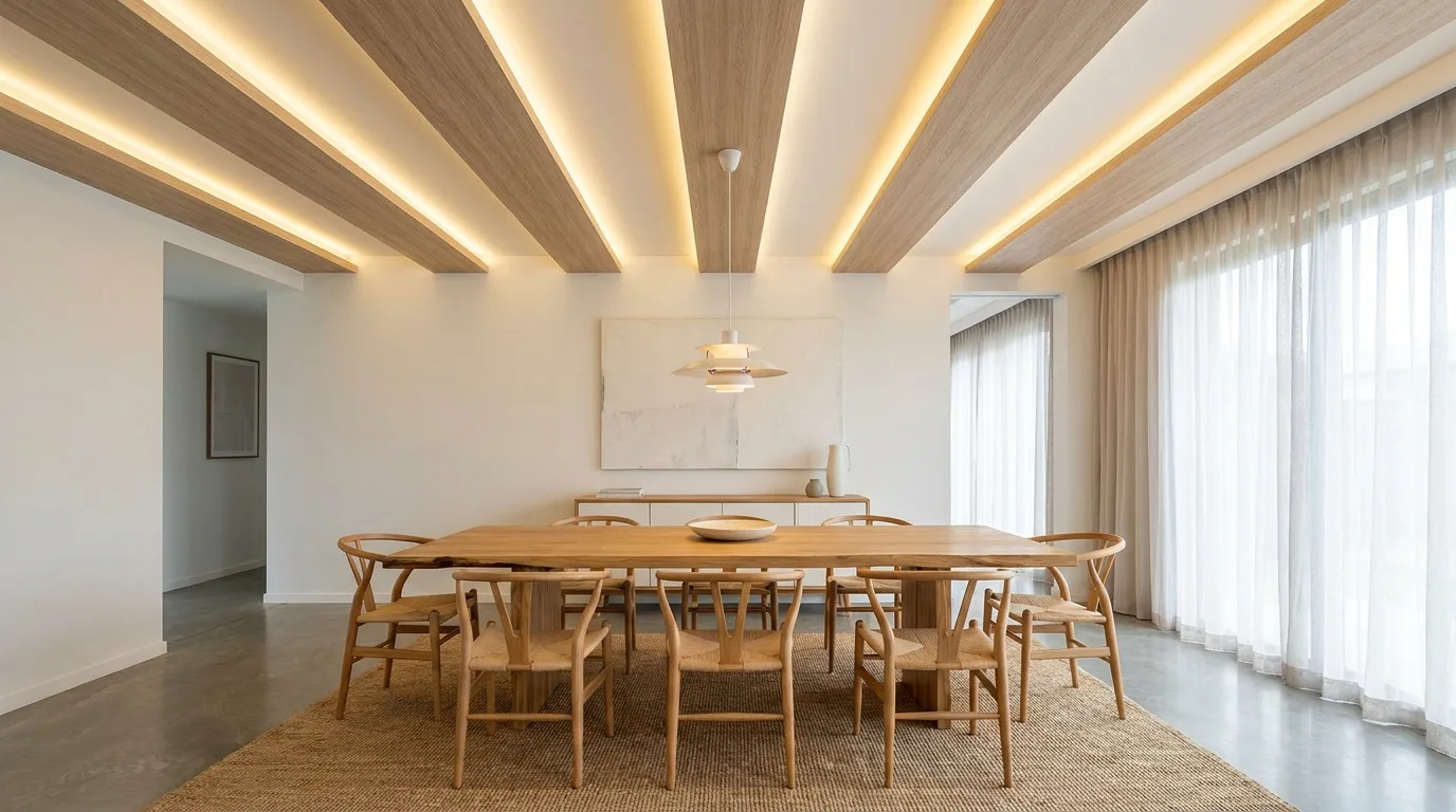 Modern dining room with terracotta and cream POP ceiling accents