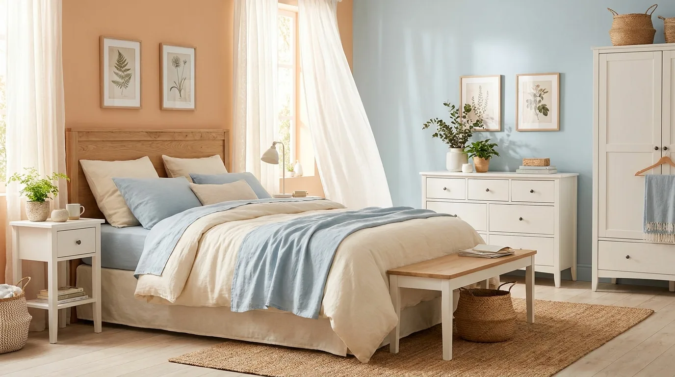 Earthy terracotta and beige bedroom with natural textures