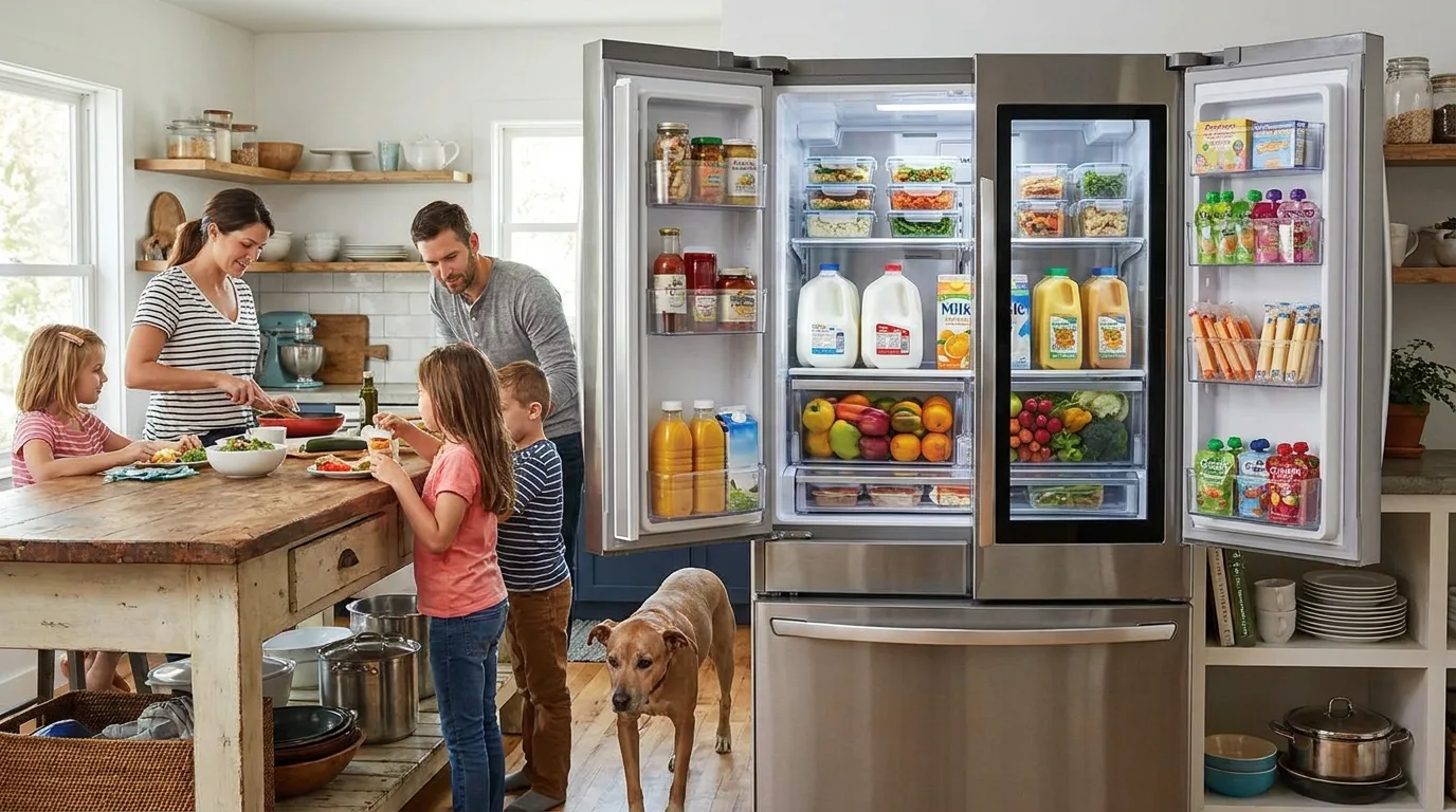 Refrigerator in a temporary apartment surrounded by moving boxes