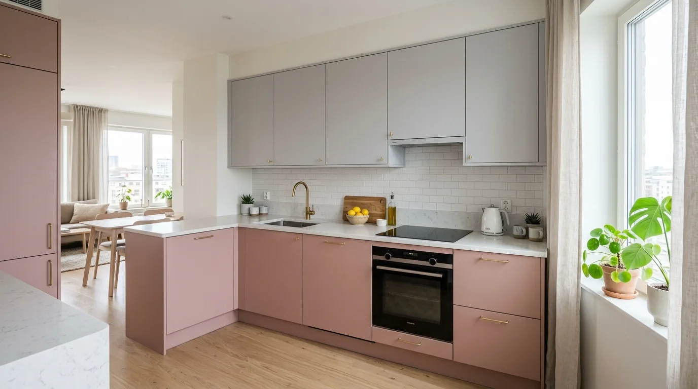 Sage green and cream laminate cabinets in a welcoming kitchen