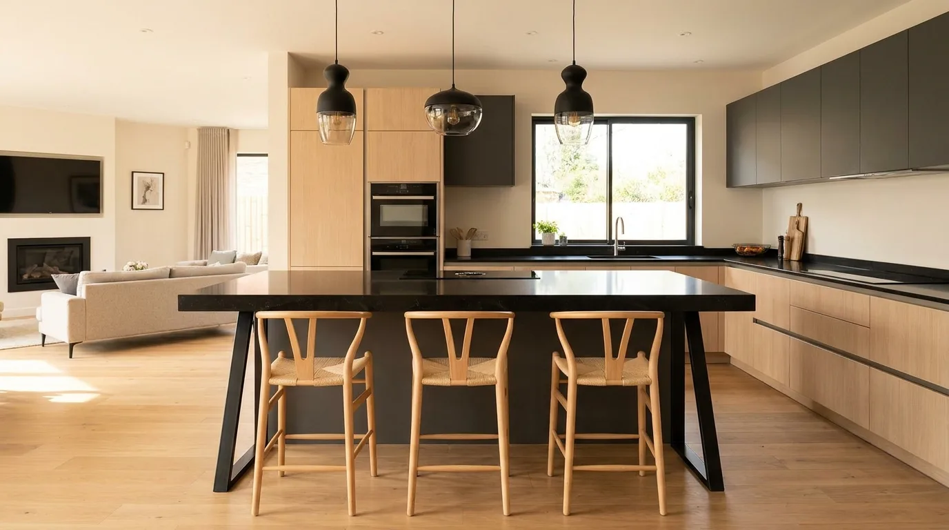 Modern kitchen island with black quartz waterfall edge