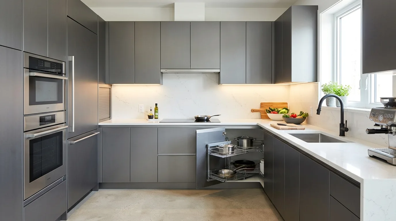 Two-tone aluminium kitchen cabinets with contrasting upper and lower colors