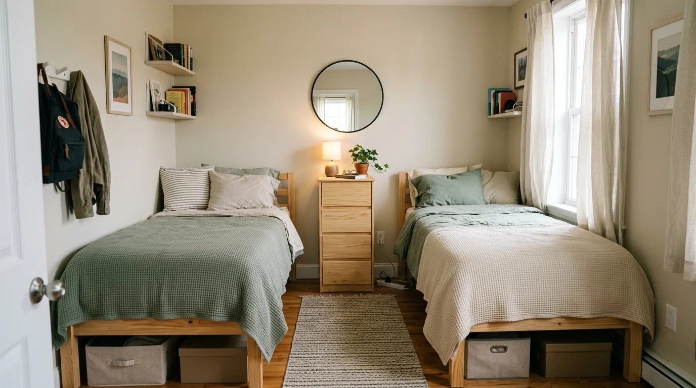 Loft-style two-bed bedroom using vertical space efficiently
