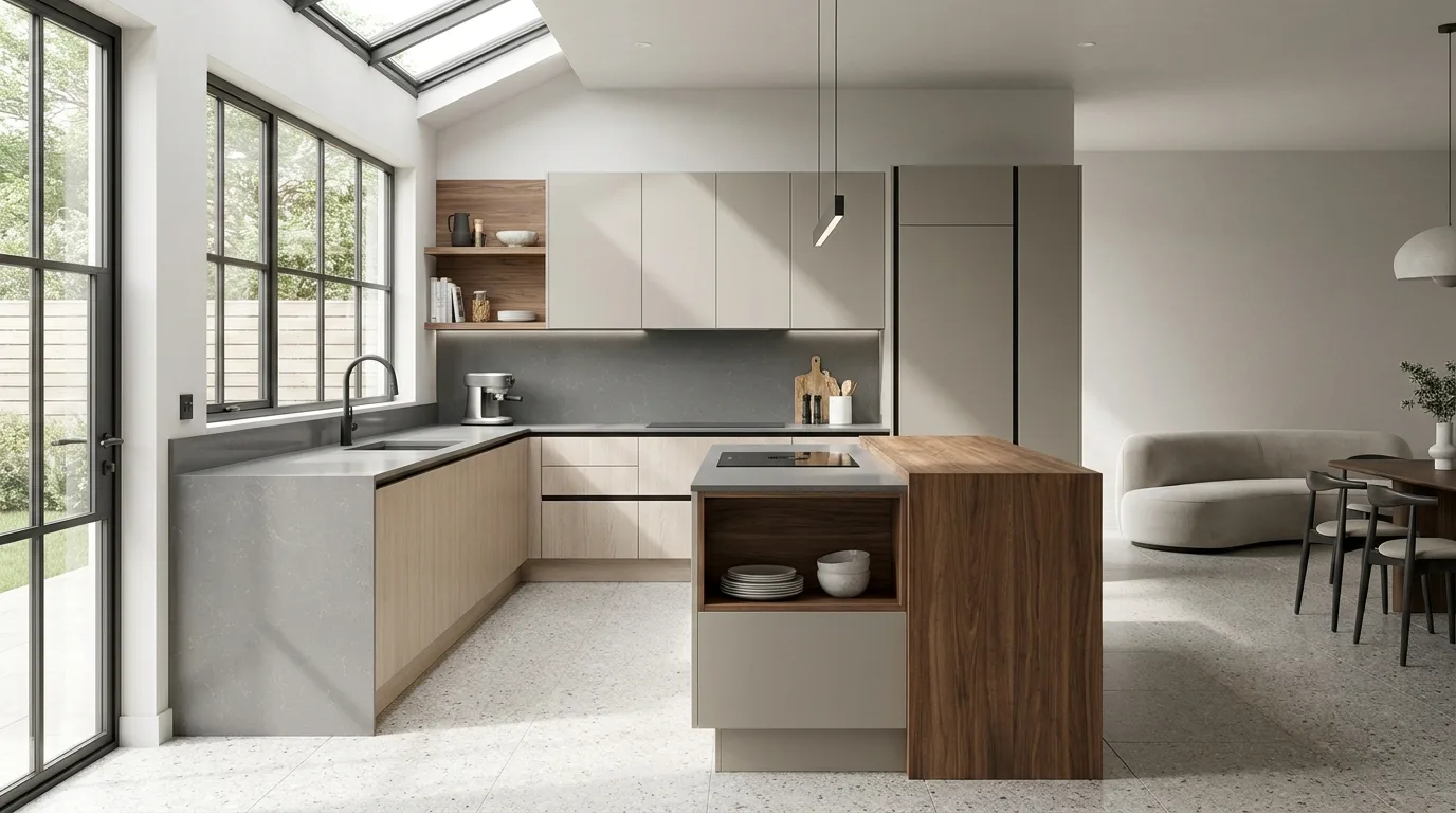 Warm kitchen with a natural wooden slab and light cabinets