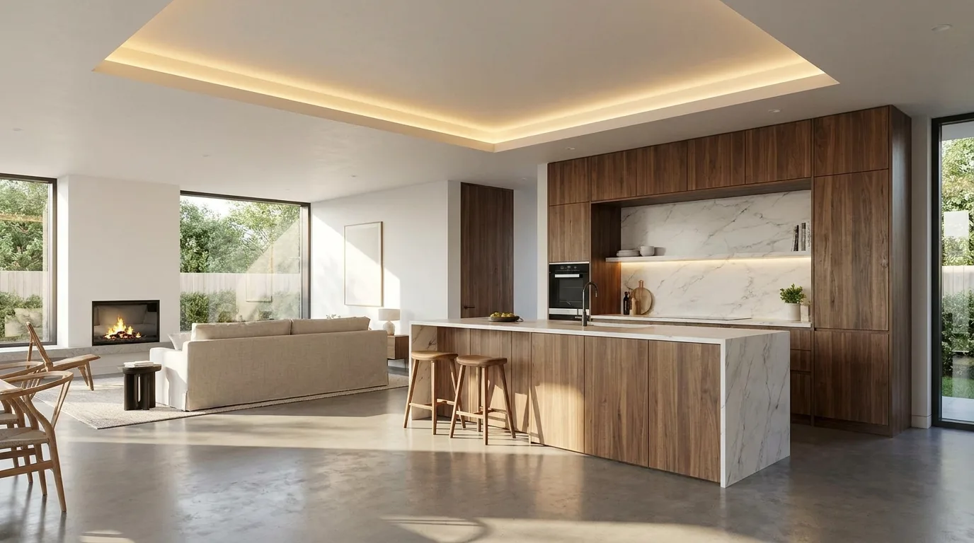 Modern kitchen with a warm wood-look false ceiling accent