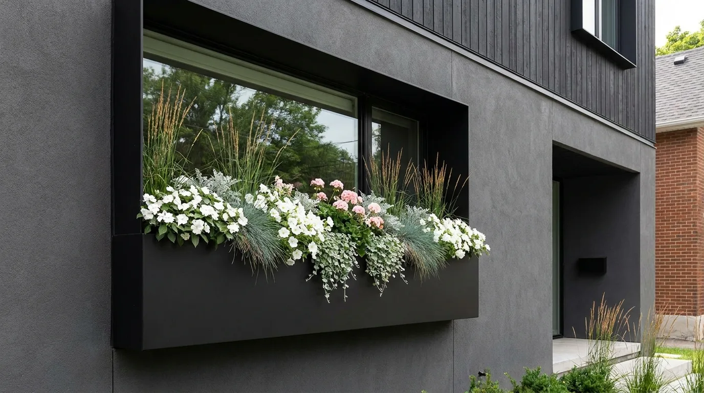Rustic wooden window box with cheerful flowers and greenery