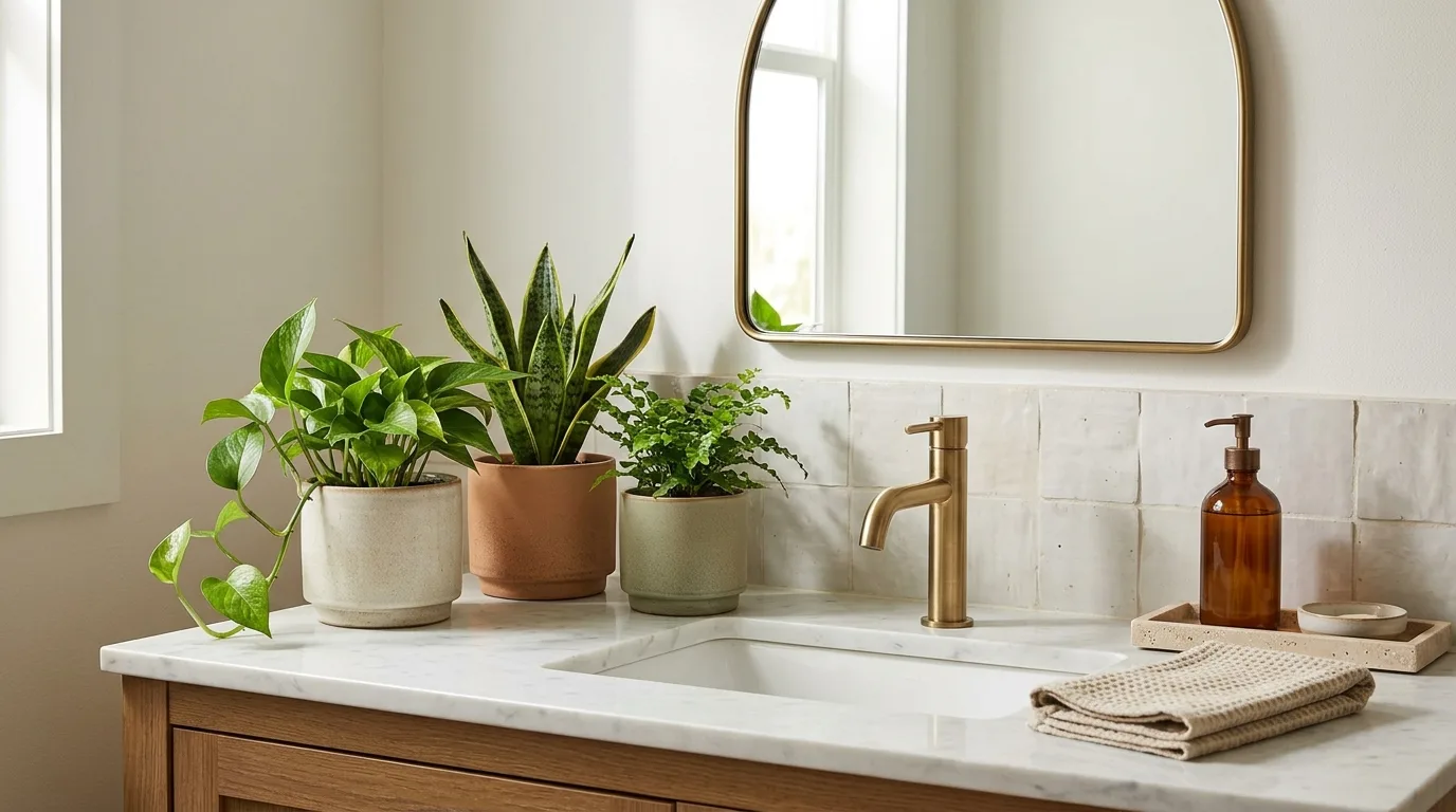 Hanging trailing plant beside a relaxing bathroom bathtub