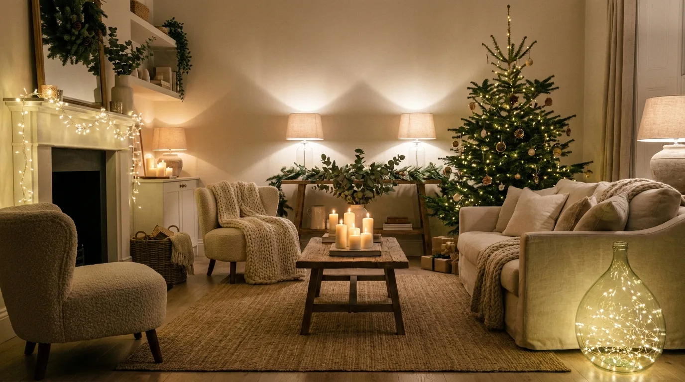 Oversized paper Christmas stars hanging at different heights in a modern neutral home