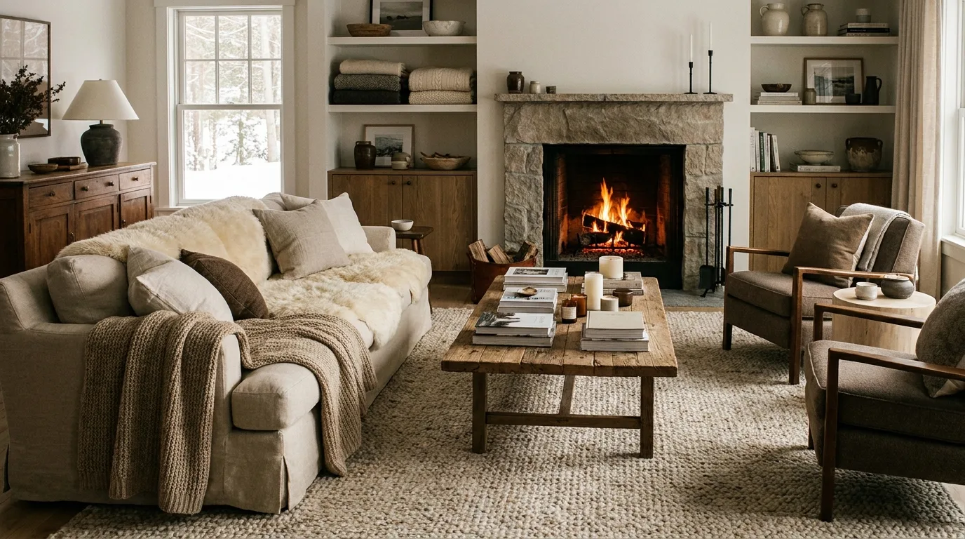 Textured neutral area rug adding warmth to a winter living room
