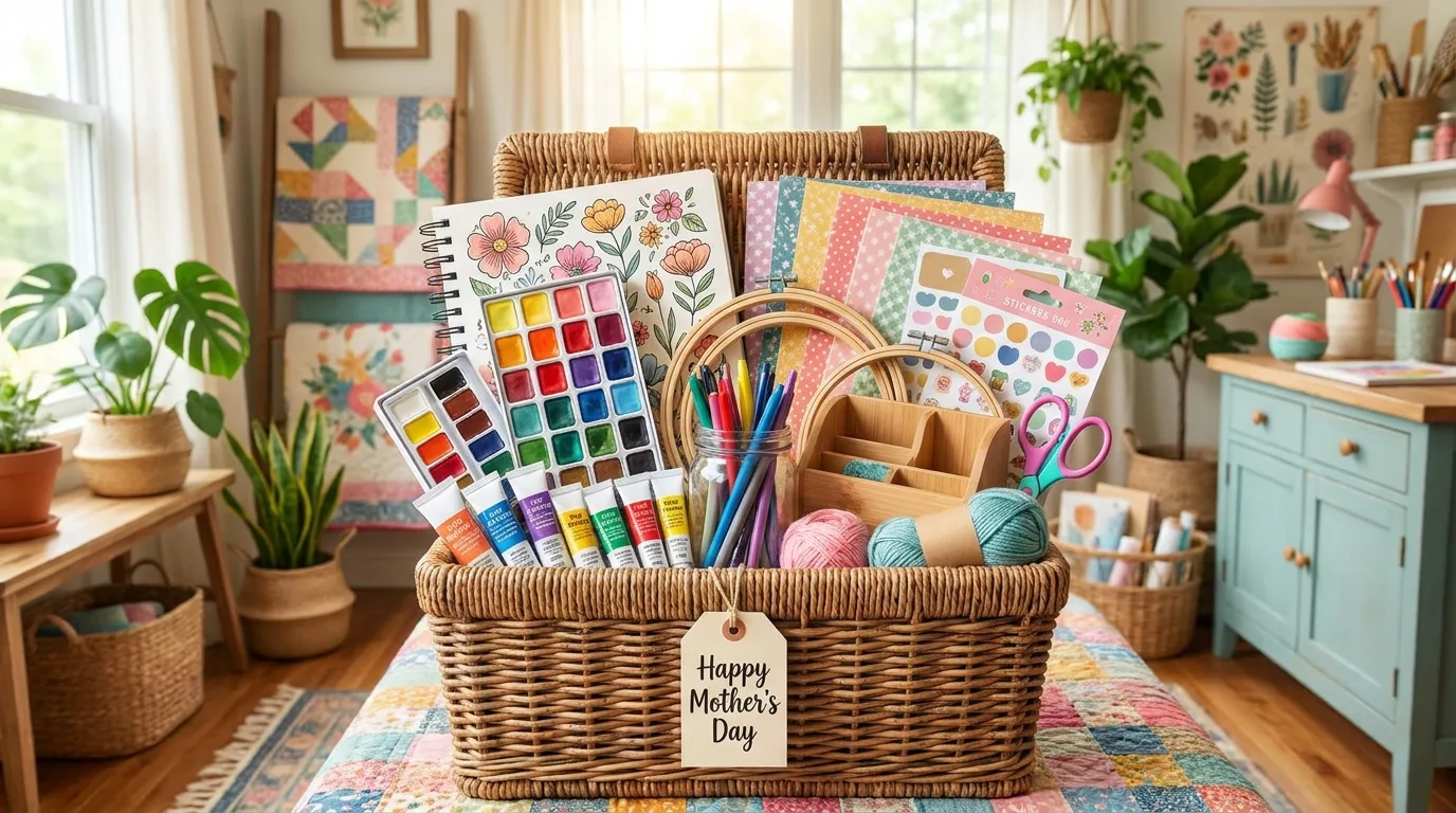 DIY baking gift basket with mixing bowl, utensils, ingredients, apron, and recipe card