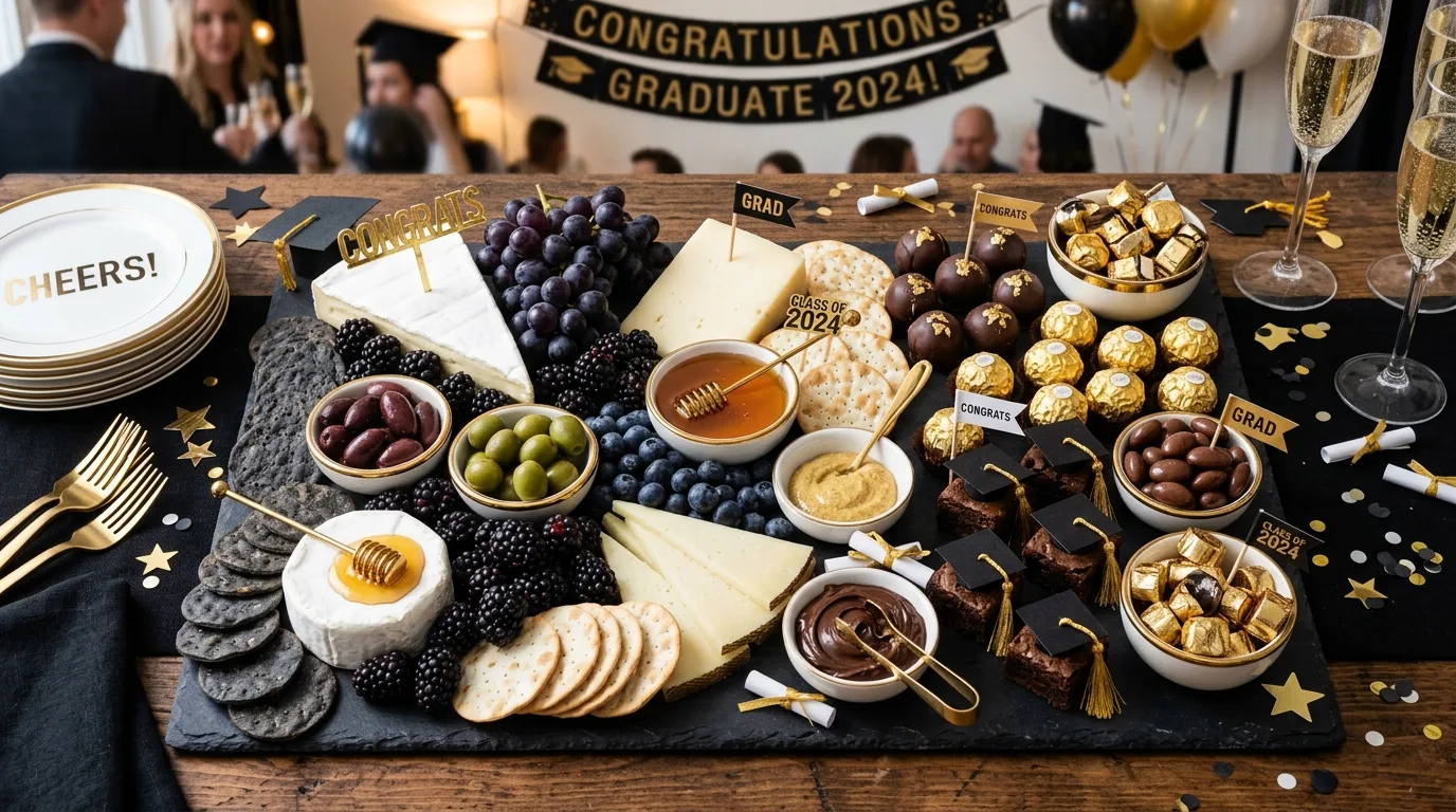 Cap-and-gown graduation charcuterie board with dark treats, cheese, fruit, meats, and edible cap details